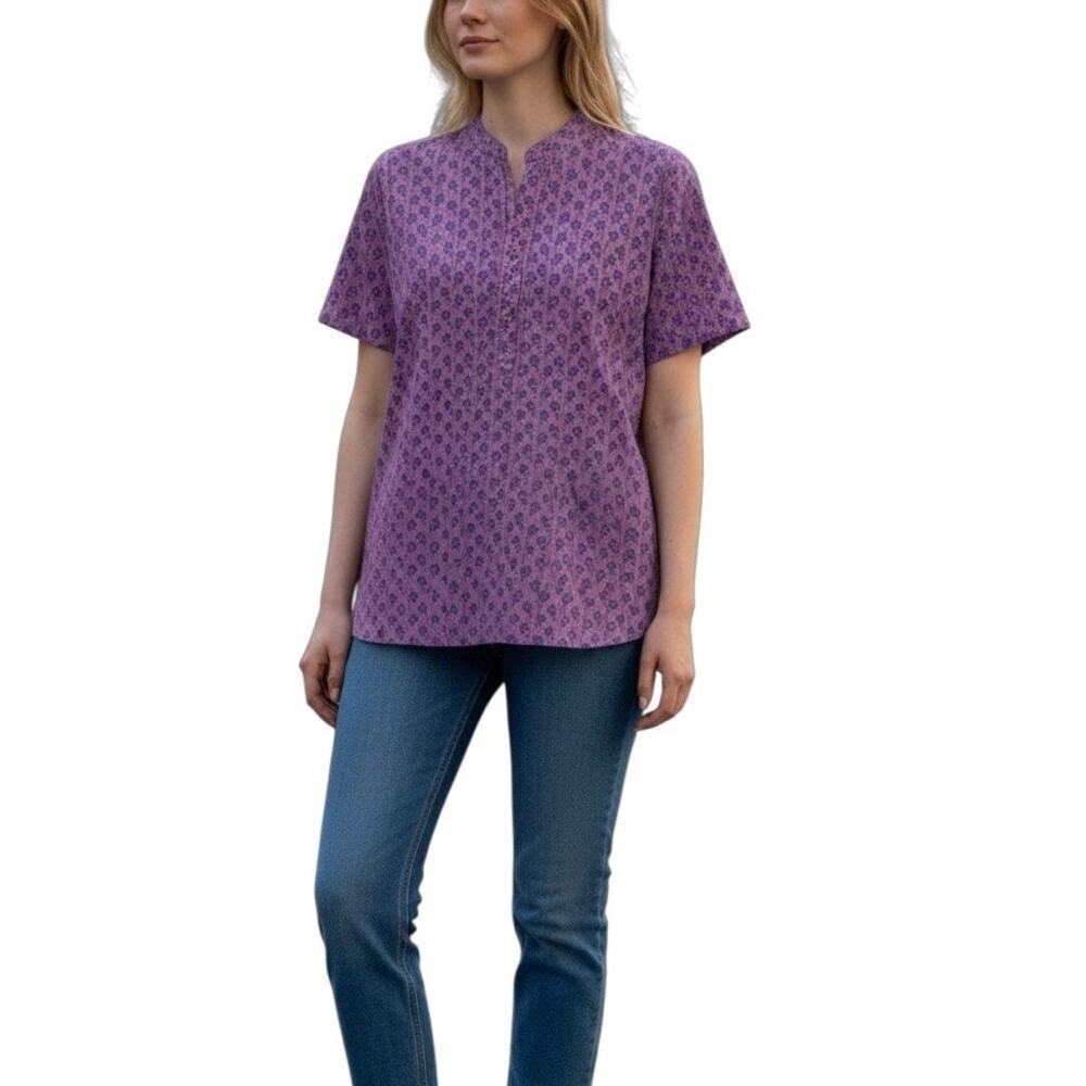 Aarong Bangladesh Purple Floral Print Cotton Tunic Top Size 42 (US XL)